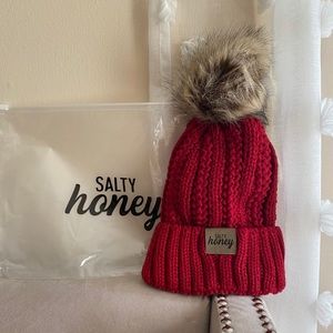 Salty Honey Faux Fur Puff Red Beanie